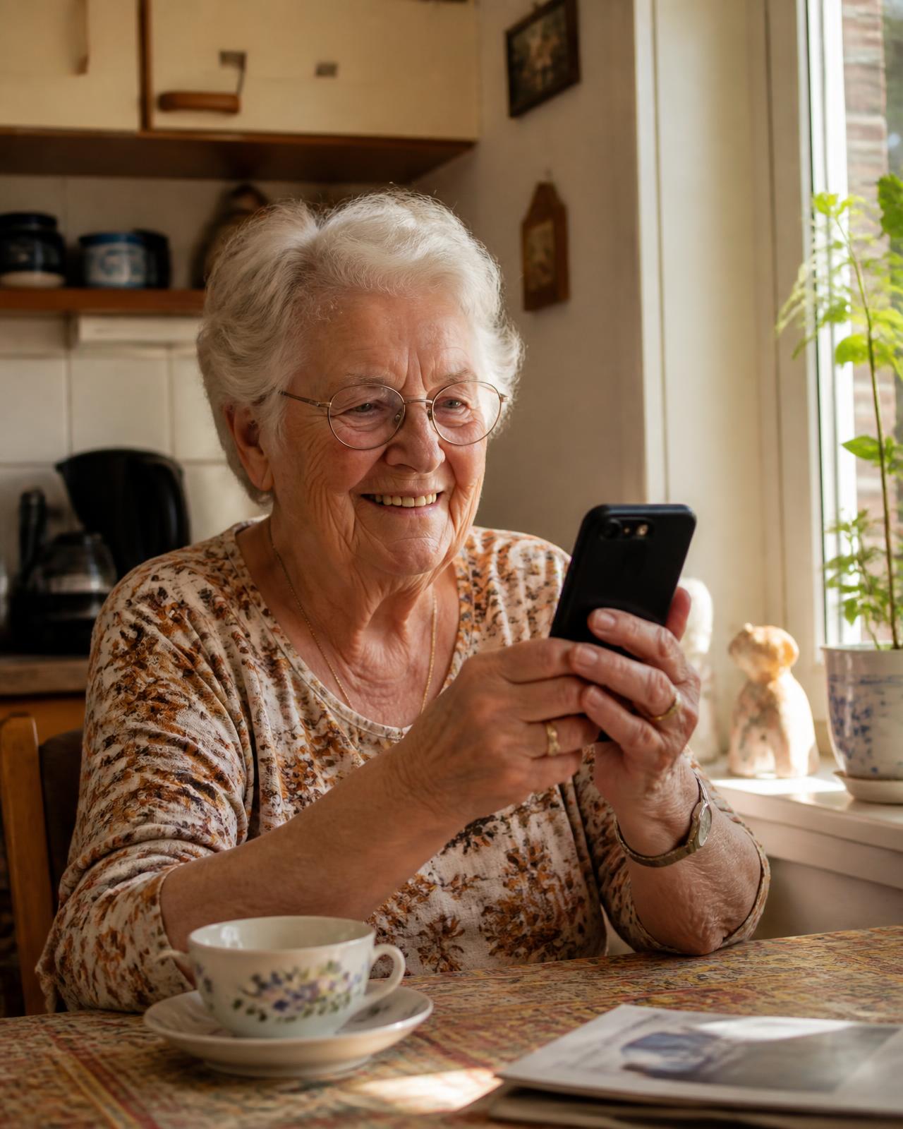 Oudere vrouw kijkt lachend naar haar smartphone aan de keukentafel